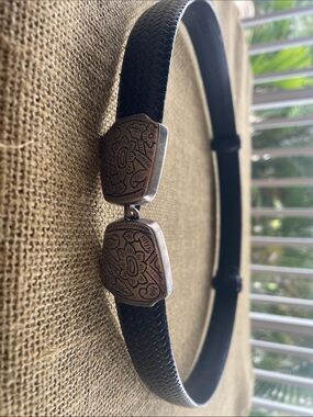 Chico's Black Braided Belt with Floral Engraved Silver-Tone Buckle